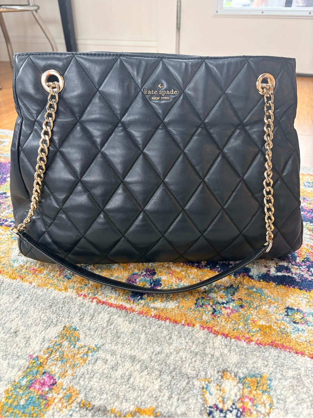 kate spade Black Quilted Leather Shoulder Bag with Gold Chain Straps